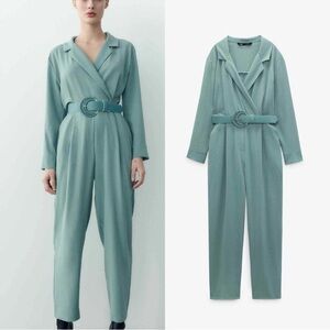 Zara Blue/Green Long Jumpsuit Womens Small lapel collar V-neck long sleeve